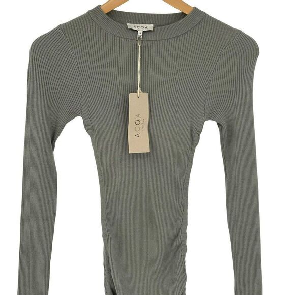 ACOA Collection Scrunch Side Ribbed Stretchy Bodycon Dress Sage Green Small - Picture 2 of 11